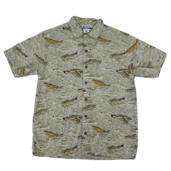 Columbia Shirt Men M Multicolor Fish Short Sleeve Pocket Button Up River Lodge - Picture 1 of 10